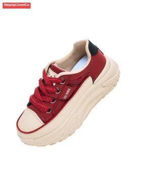 Chunky Platform Sneakers Faux Leather Lace Up Walking Shoes